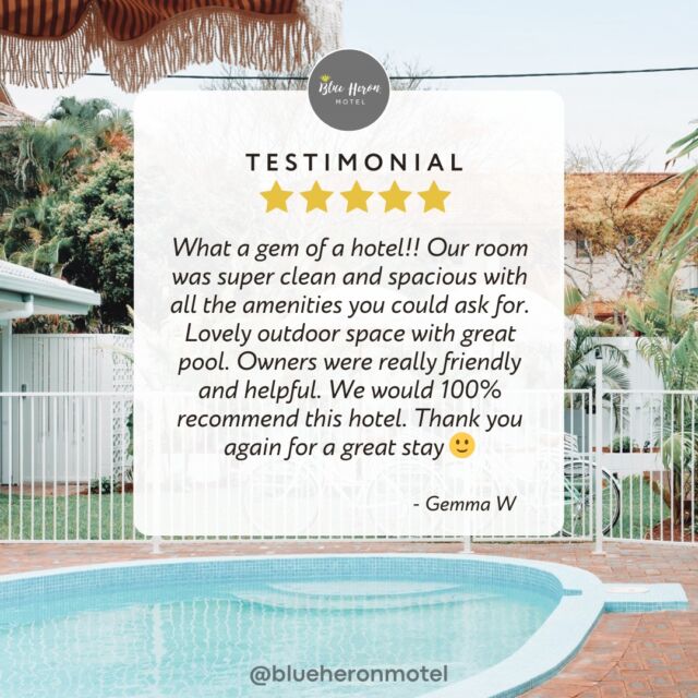 100% is good enough for us!

We pride ourselves on presentation, cleanliness, comfort and friendliness, so when we hear this in our reviews we strive to ensure all our guests get the best experience when staying with us.

Want to have the 100% feels, then book your Spring holiday with us.

Book direct www.blueheronmotel.com.au or dm us for the link.

.
.
.
.
.
.
.
#boutiquemotel #goldcoast #motel #goldcoastaccommodation #exploregoldcoast #destinationgoldcoast #visitgoldcoast #goldcoasthotel #mermaidbeach #burleighheads #thisisqueensland #migoldcoast #seeaustralia #holidayherethisyear #blueheronmotel #blueheronmotelgoldcoast #wearegoldcoast #ourgoldcoast #goldcoasttourism #thisisgoldcoast #goldcoastgetaway #ilovegoldcoast #travelaustralia #discoverqueensland #goldcoastbeach #goldcoastholiday #travelgoldcoast #goldcoastadventures